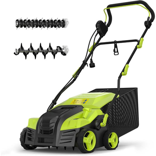 16-Inch Electric Dethatcher Scarifier, 2-in-1 Lawn Scarifier with Powerful 15 AMP Motor 14.5Gal Collection Bag 5-Positio Depth