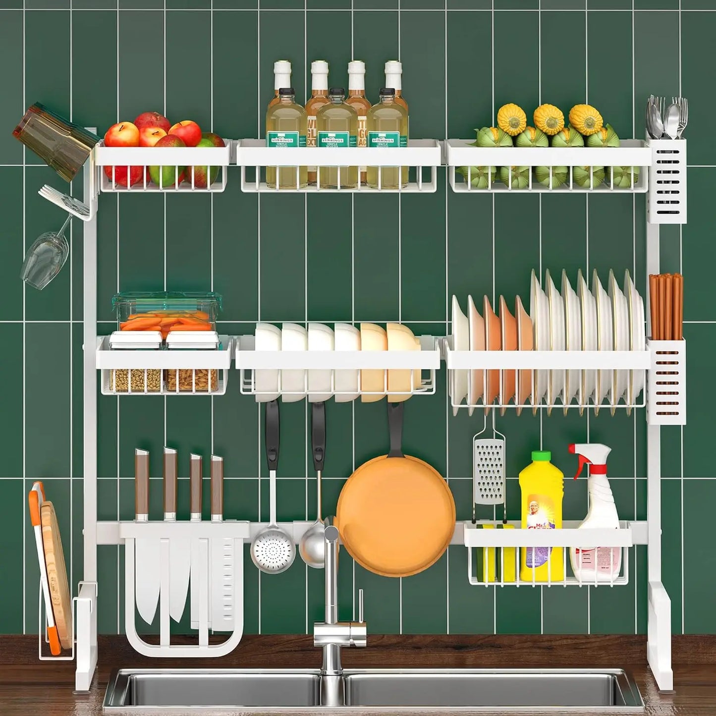 Over Sink Dish Drying Rack Display Adjustable Large 2 Tier