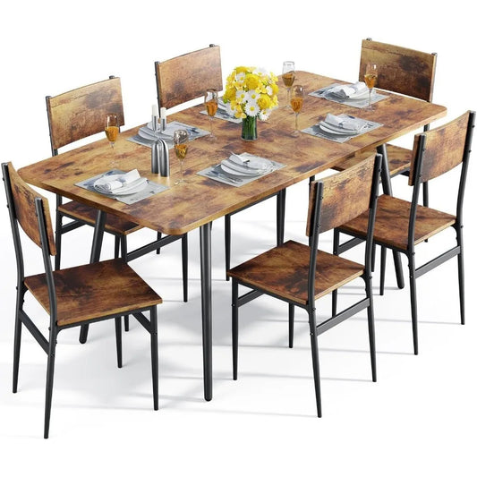63” Extendable Dining Table Set for 4-6 People, 7-Piece Dining Table Set for 6 People with 6 Chairs