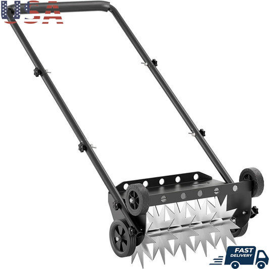 18 Inch Heavy Duty Lawn Aerator Manual Tool with Steel Handle 4 Wheels Spike Aerator Efficient Soil Penetration and Easy Use