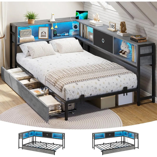 Corner Bed Frame with Bookcase Storage and Led Lights Twin Size Metal Platform Bed Frame with Storage Drawers and Charging