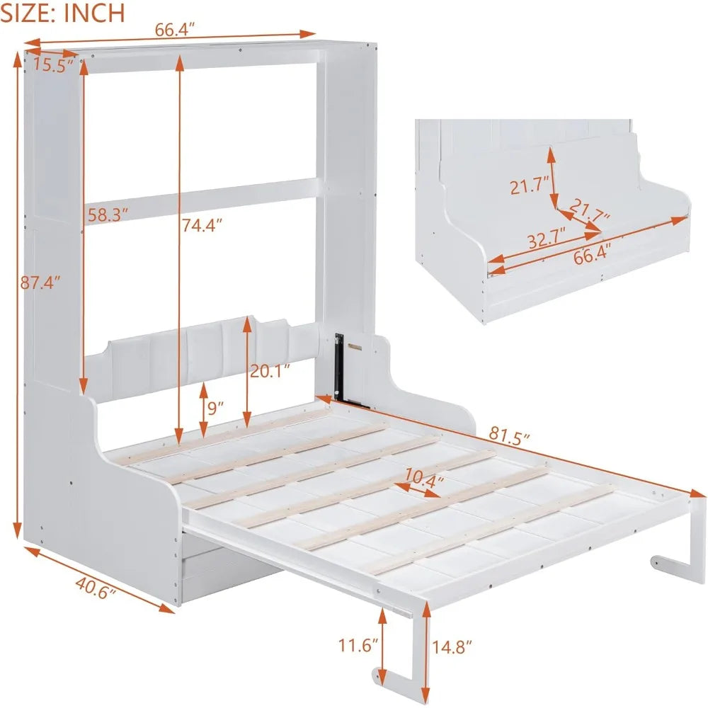 Murphy Bed Cabinet Queen Size with Cushion,Folding Wall Bed Frame W/Sofa Chair and Wood Slat Support,Space-Saving Hidden