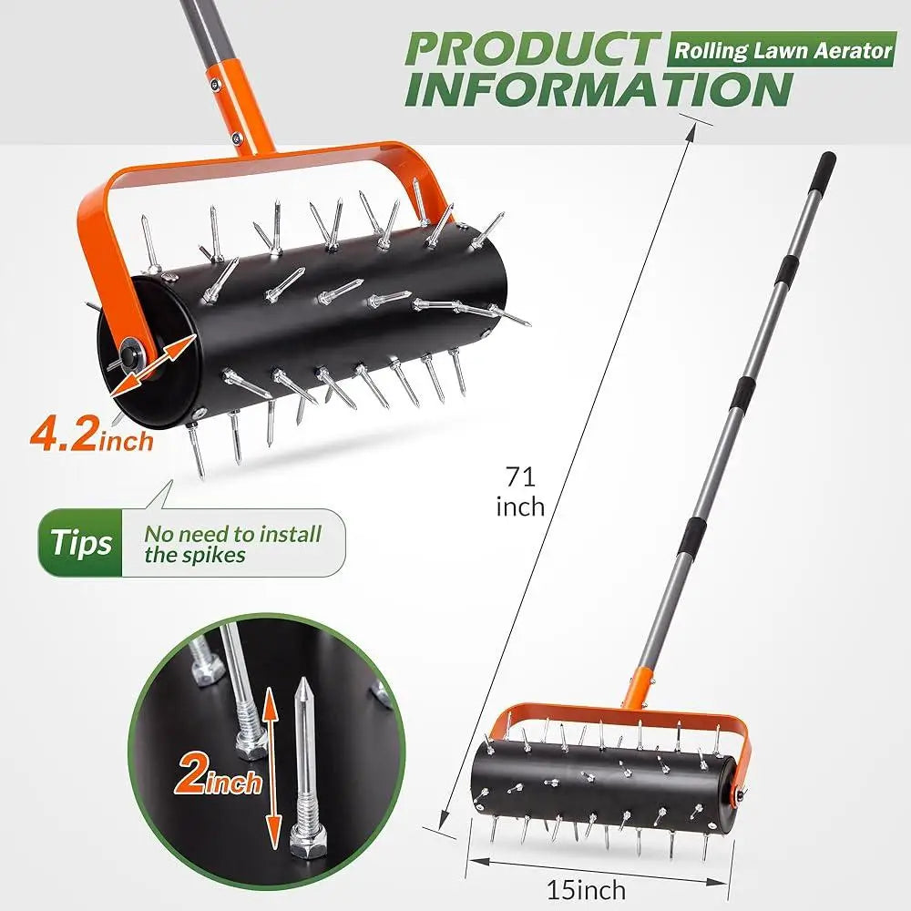 Heavy Duty Rolling Lawn Aerator 42 Spikes Manual Tool Adjustable Handle Soil Compaction Aeration Promote Lawn Health Durable