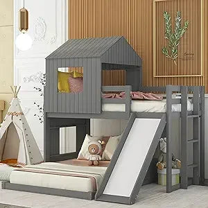 Harper & Bright Designs Twin Over Full Wood Bunk Bed Frame, House Bunk Bed with Roof and Guardrails for Kids, Boys, Girls (White