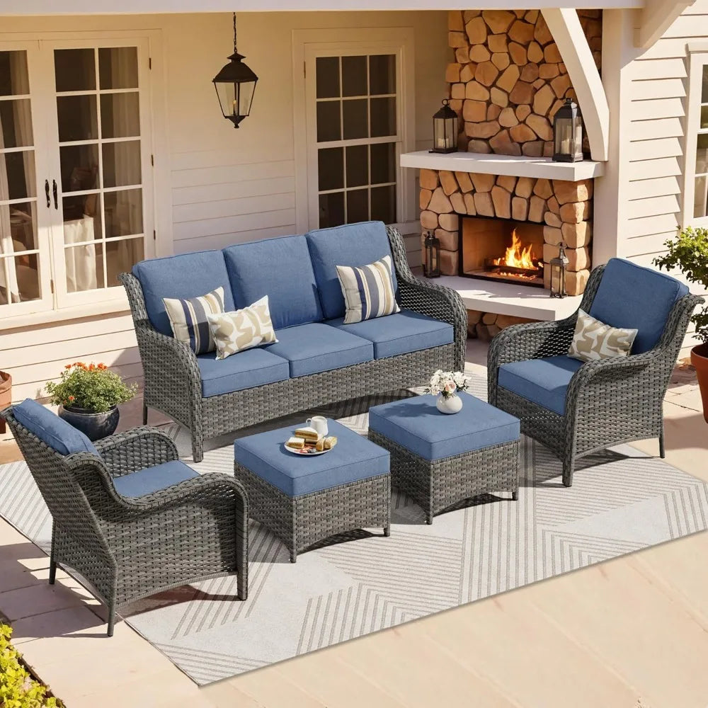 5 Pieces, Outdoor Wicker Couch with Ottomans Comfy Cushions Garden Furniture Sets