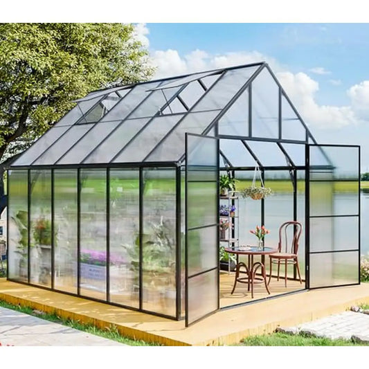 10x12 FT Heavy Duty Walk-in Polycarbonate Greenhouse Kit and Gutter System
