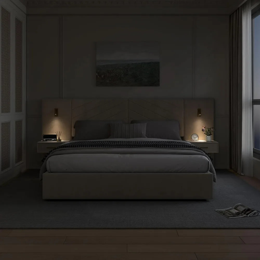 Luxury King Bed Frame with Built-in Gold LED Lights and Nightstands