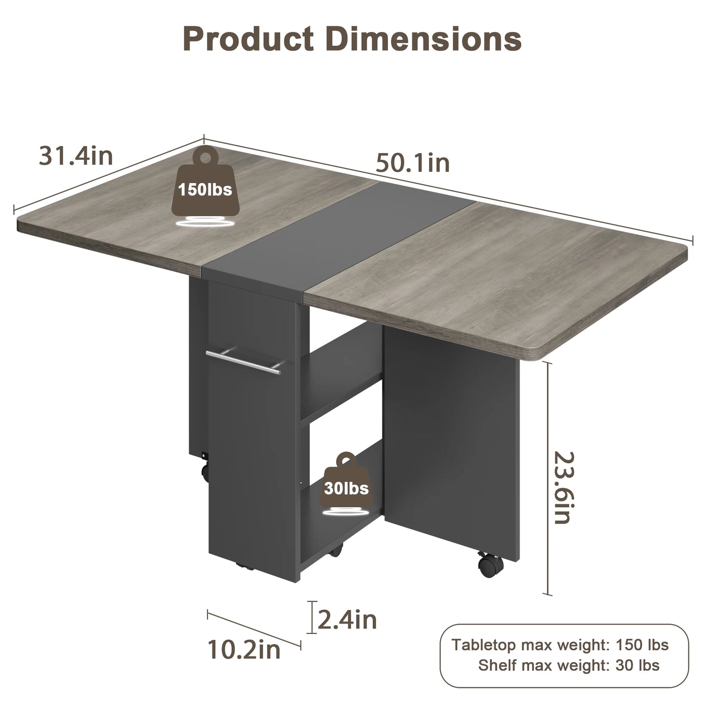 Folding Dining Table Drop Leaf Dining Table with 6 Wheels