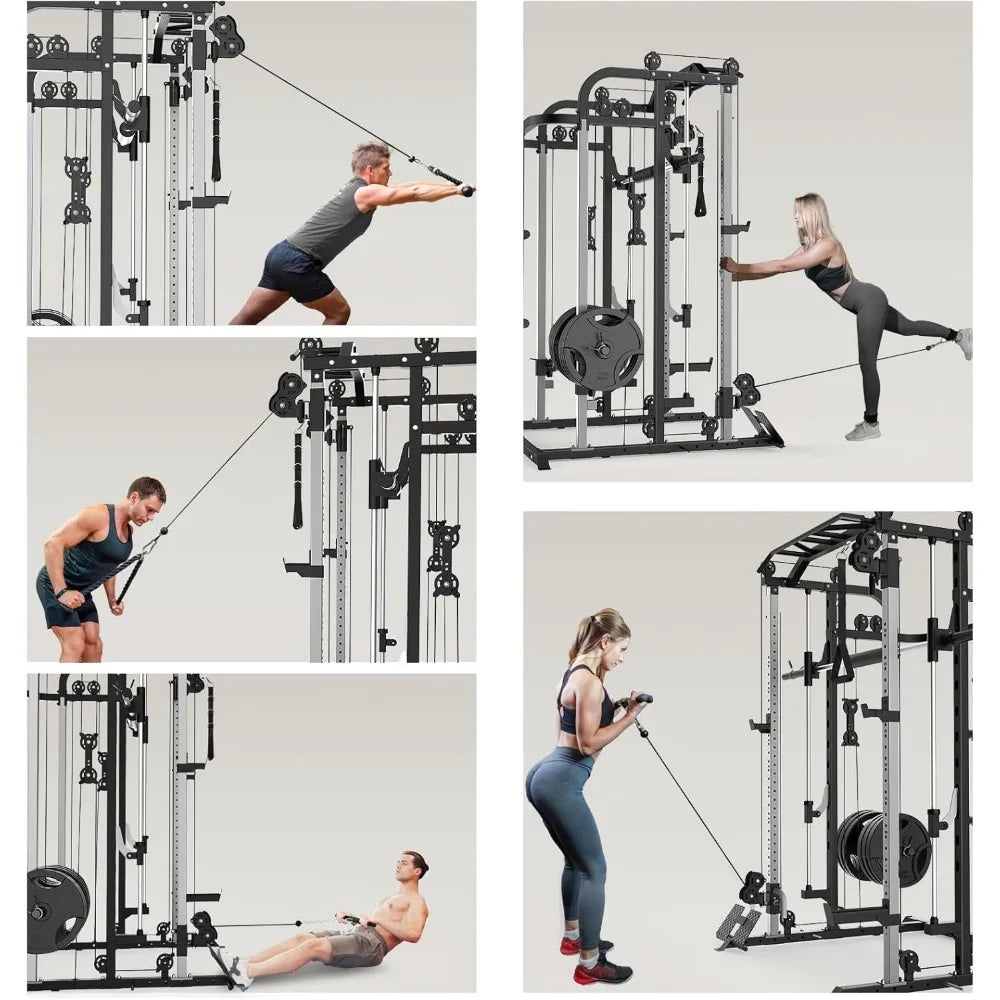 Multifunctional Power Cage Rack with Smith Bar and Cable Pulley System