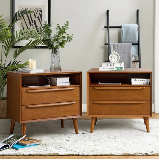 Nightstand with Charging Station, Set of 2 Mid-Century 2 Drawer and Open Shelf Dresser for Bedroom, Fluted Bedside Table