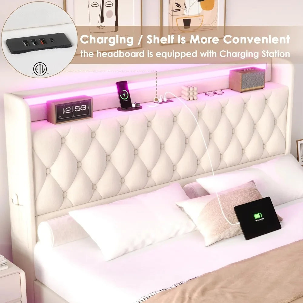 Floating Bed Frame Queen Size Platform with LED Lights