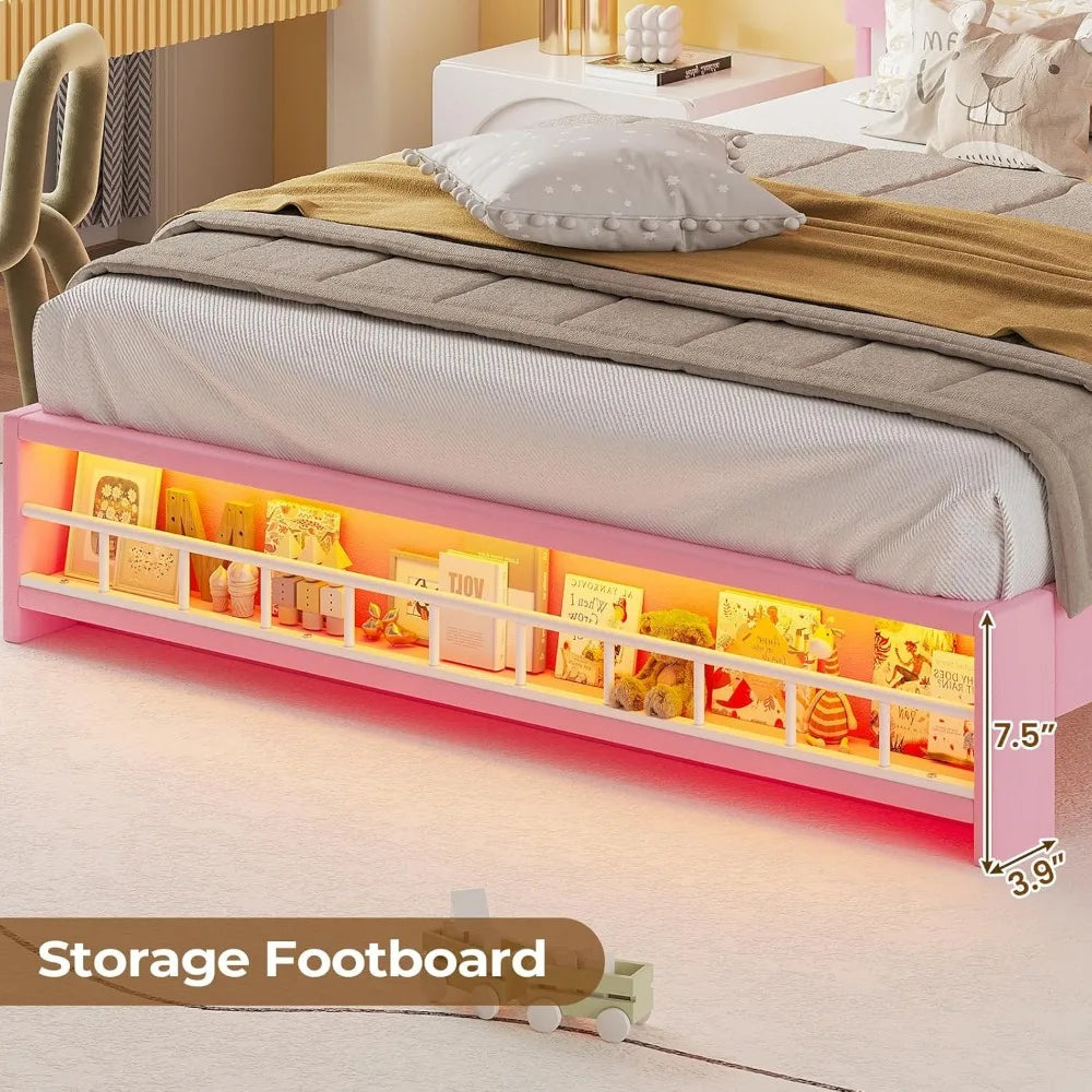 Queen Bed Frame with LED Lights, Princess Velvet Upholstered Platform Bed for Girls
