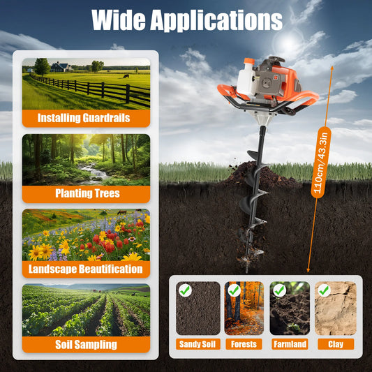 52CC 2.4HP 2-Stroke One-Man Gasoline Post Hole Digger with 3 Drill Bits for Efficient Soil Digging in Gardens & Farms