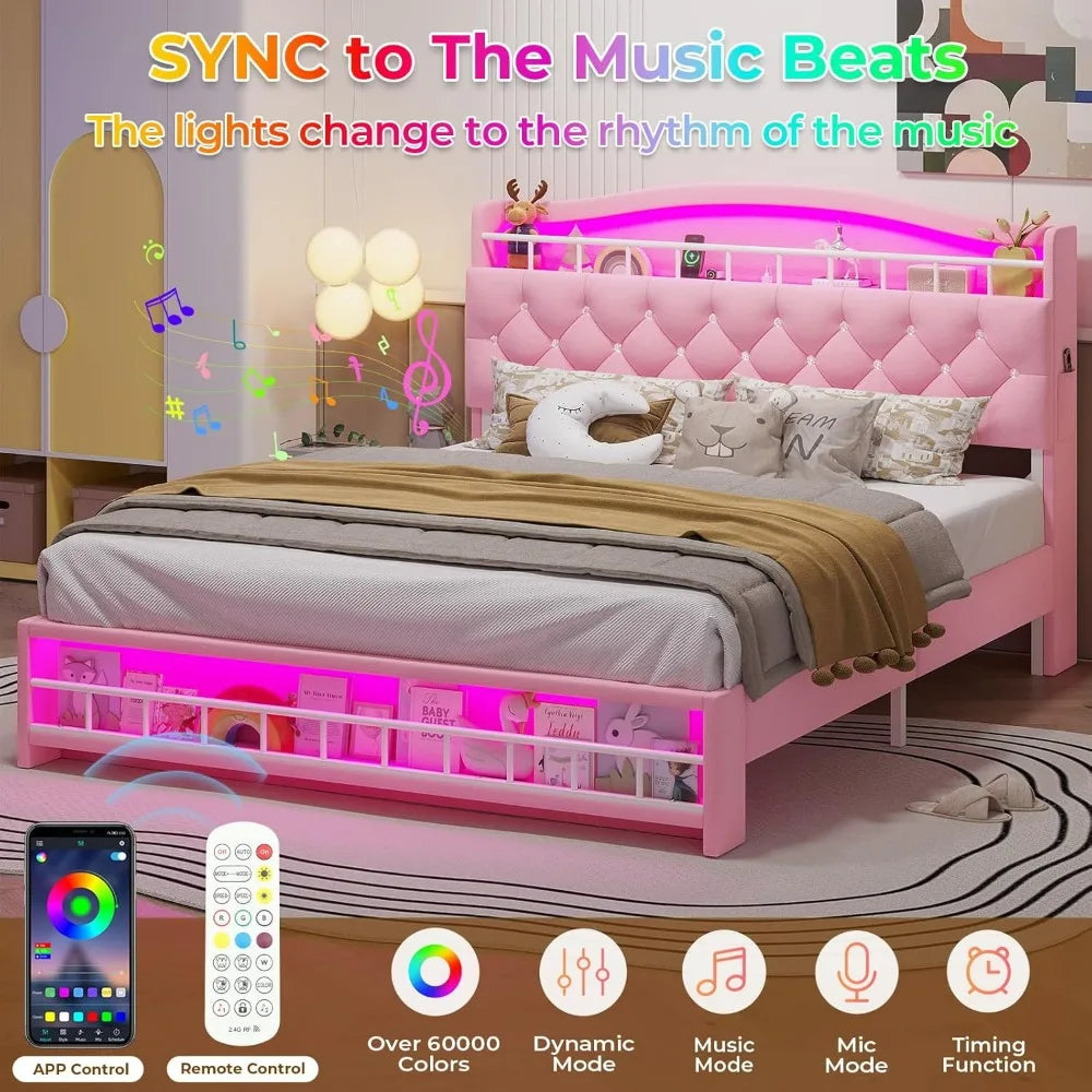 Queen Bed Frame with LED Lights, Princess Velvet Upholstered Platform Bed for Girls