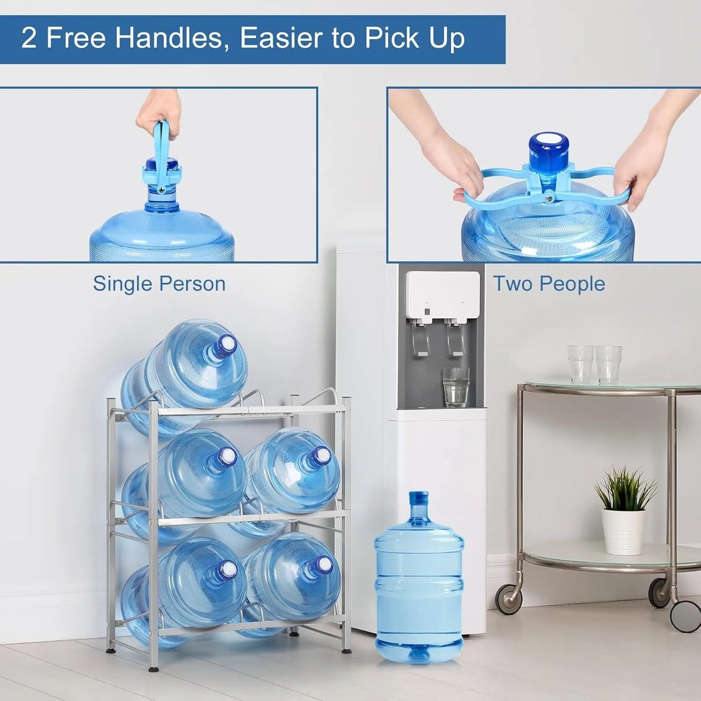 5 Gallon Water Bottle Rack | Heavy Duty 3-Tier Storage Stand, Space-Saving Corner Holder for 6 Jugs - Kitchen/Office(Silver)
