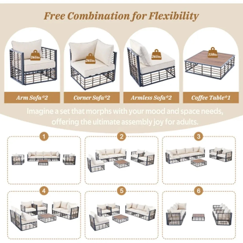 7-Piece Metal Outdoor Sets, All-Weather Conversational Furniture Set with Thick Cushions and Coffee Table