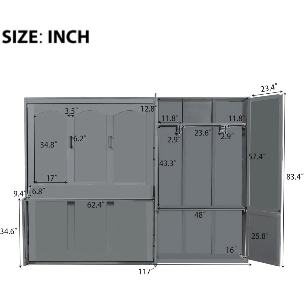 Queen Size Murphy Bed Wall Bed with Closet and Wardrobe Storage, Gray