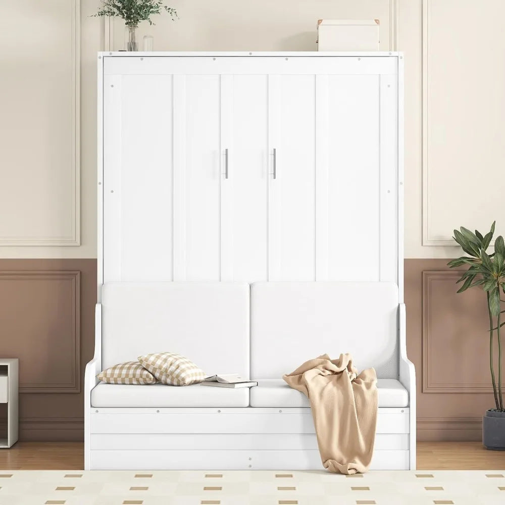 Murphy Bed Cabinet Queen Size with Cushion,Folding Wall Bed Frame W/Sofa Chair and Wood Slat Support,Space-Saving Hidden