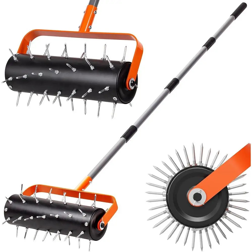 Heavy Duty Rolling Lawn Aerator 42 Spikes Manual Tool Adjustable Handle Soil Compaction Aeration Promote Lawn Health Durable