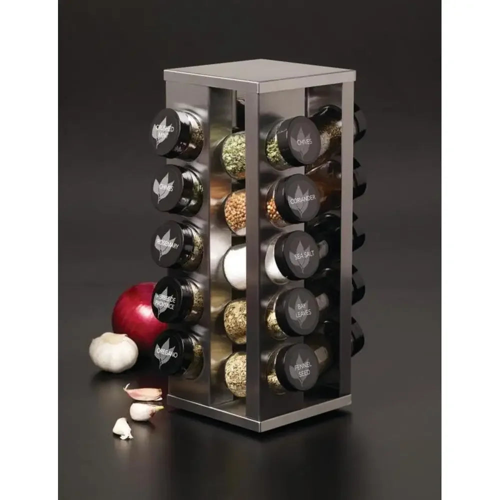 20-Jar Revolving Spice Rack Organizer Heritage Silver Kitchen Accessory Jar Set Palate Seasoning Dispenser Glass Caps Sifter