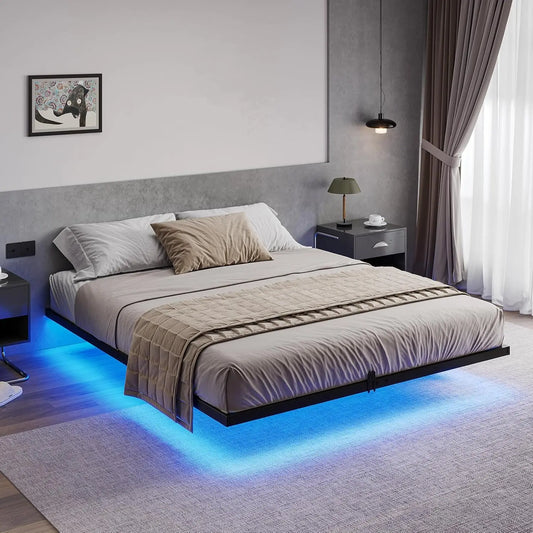 Floating Bed Frame Queen Size with LED Lights, Metal Platform Queen Bed