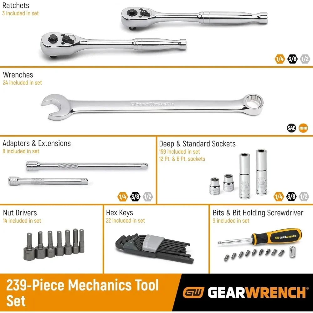 80966 243 Pc. 6 Pt. Mechanics Tool Set In 3 Drawer Storage Box