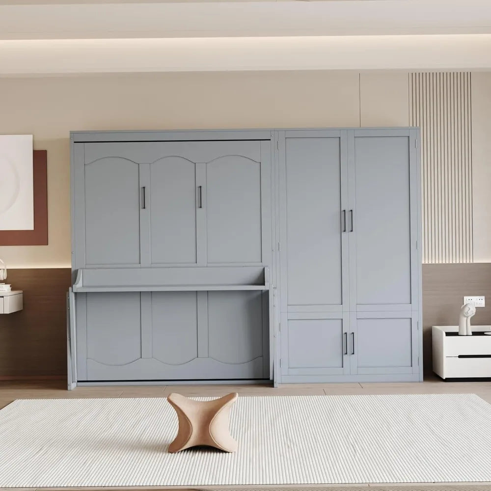Queen Size Murphy Bed Wall Bed with Closet and Wardrobe Storage, Gray