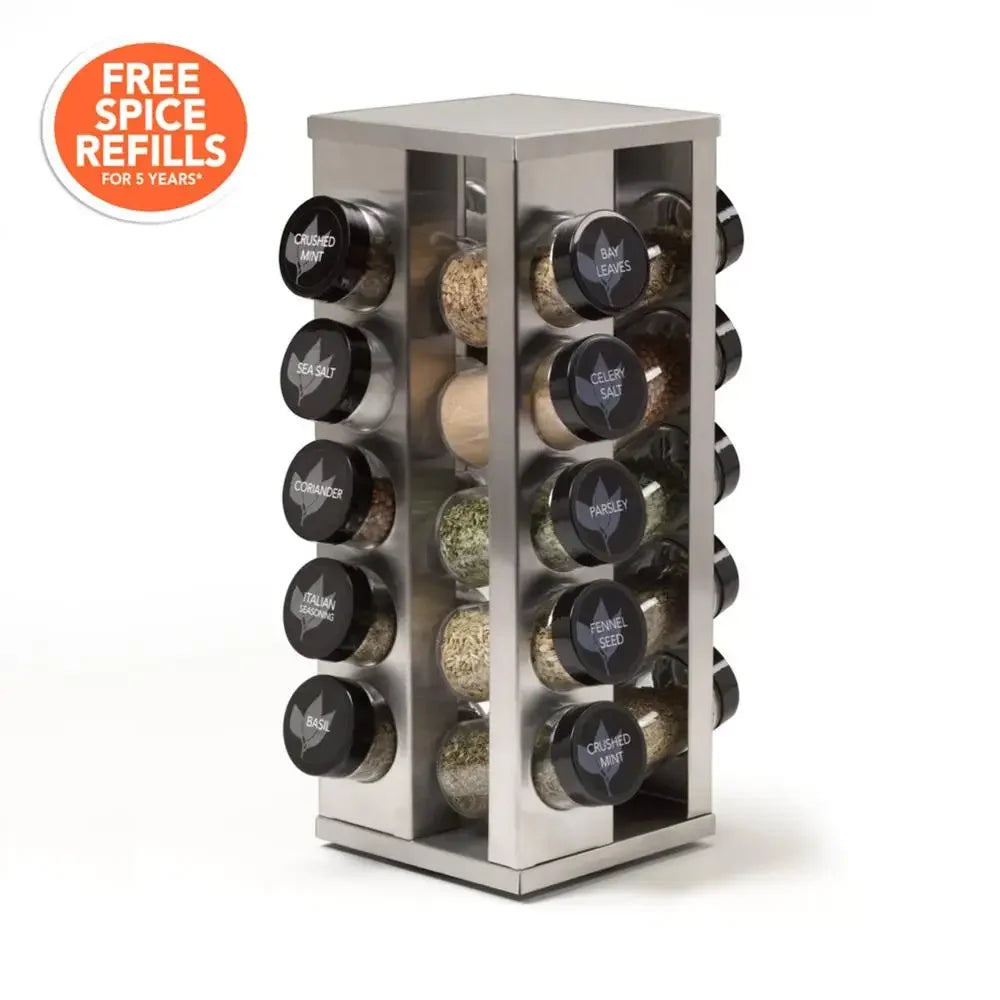 20-Jar Revolving Spice Rack Organizer Heritage Silver Kitchen Accessory Jar Set Palate Seasoning Dispenser Glass Caps Sifter