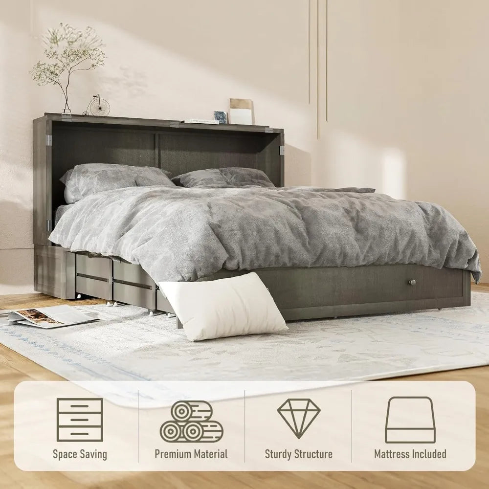 Murphy Bed Queen with Mattress Included Farmhouse Murphy Bed Cabinet with Storage and Charging Station