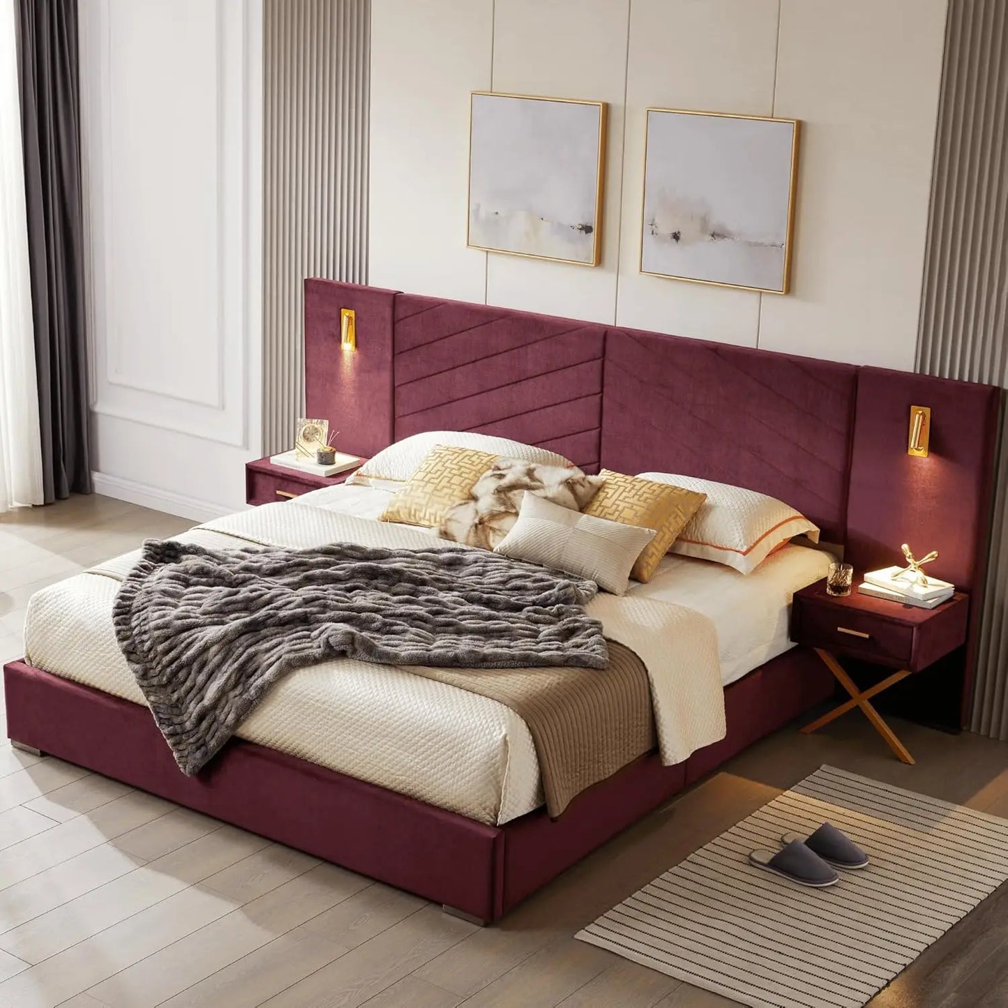 Luxury King Bed Frame with Built-in Gold LED Lights and Nightstands