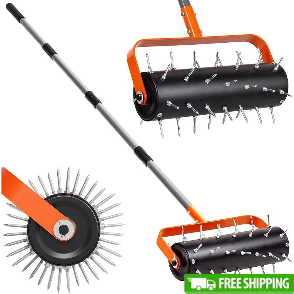 Heavy Duty Rolling Lawn Aerator 42 Spikes Manual Tool Adjustable Handle Soil Compaction Aeration Promote Lawn Health Durable