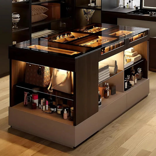 Modern Armoire Bedroom Island Closet Organizers with Jewelry Storage Freestanding Closet Island with Smart Sensor Light 55.11IN