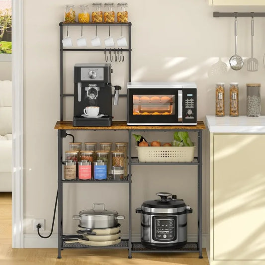 Bakers Rack with Power Outlet and 6-Tier Kitchen Shelf