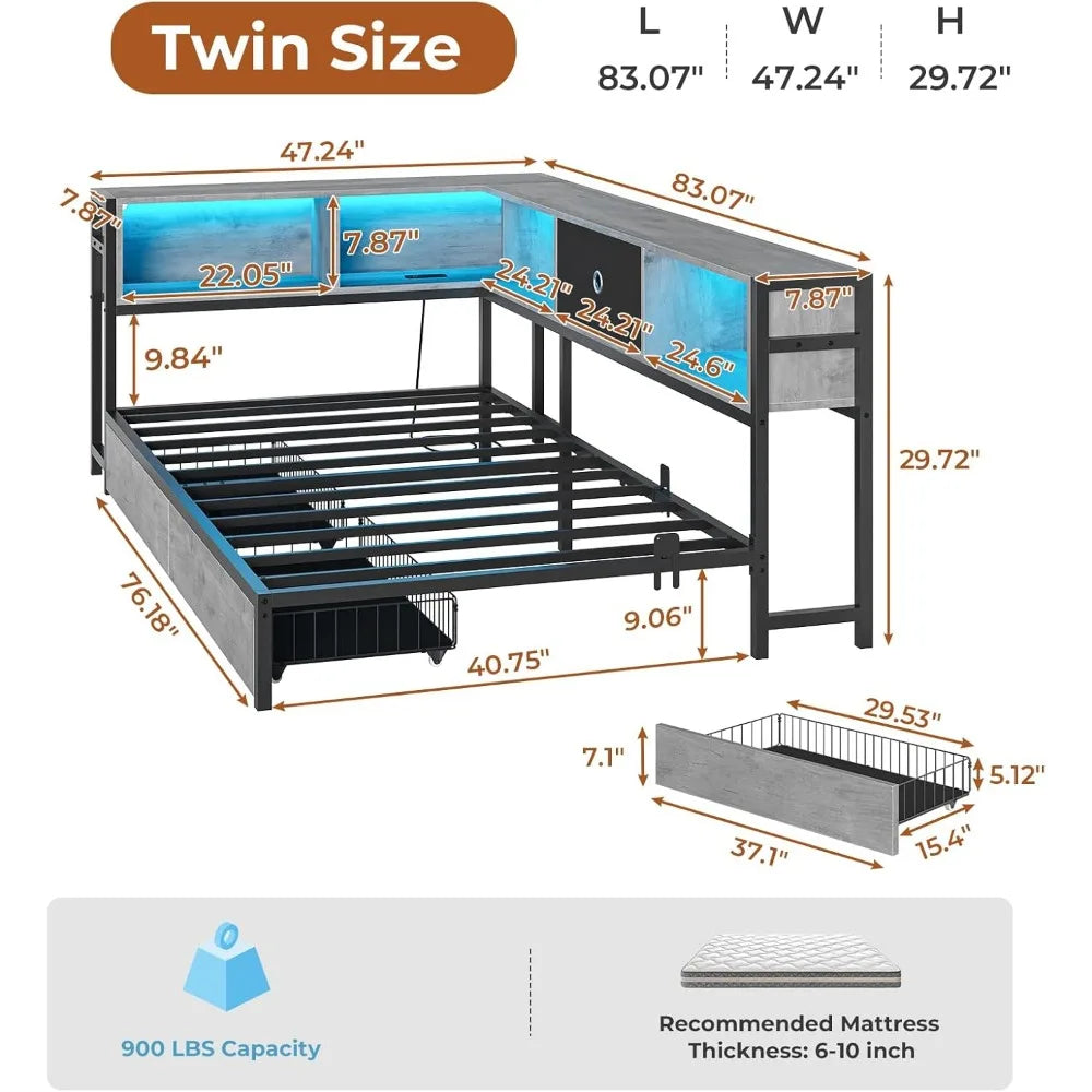 Corner Bed Frame with Bookcase Storage and Led Lights Twin Size Metal Platform Bed Frame with Storage Drawers and Charging