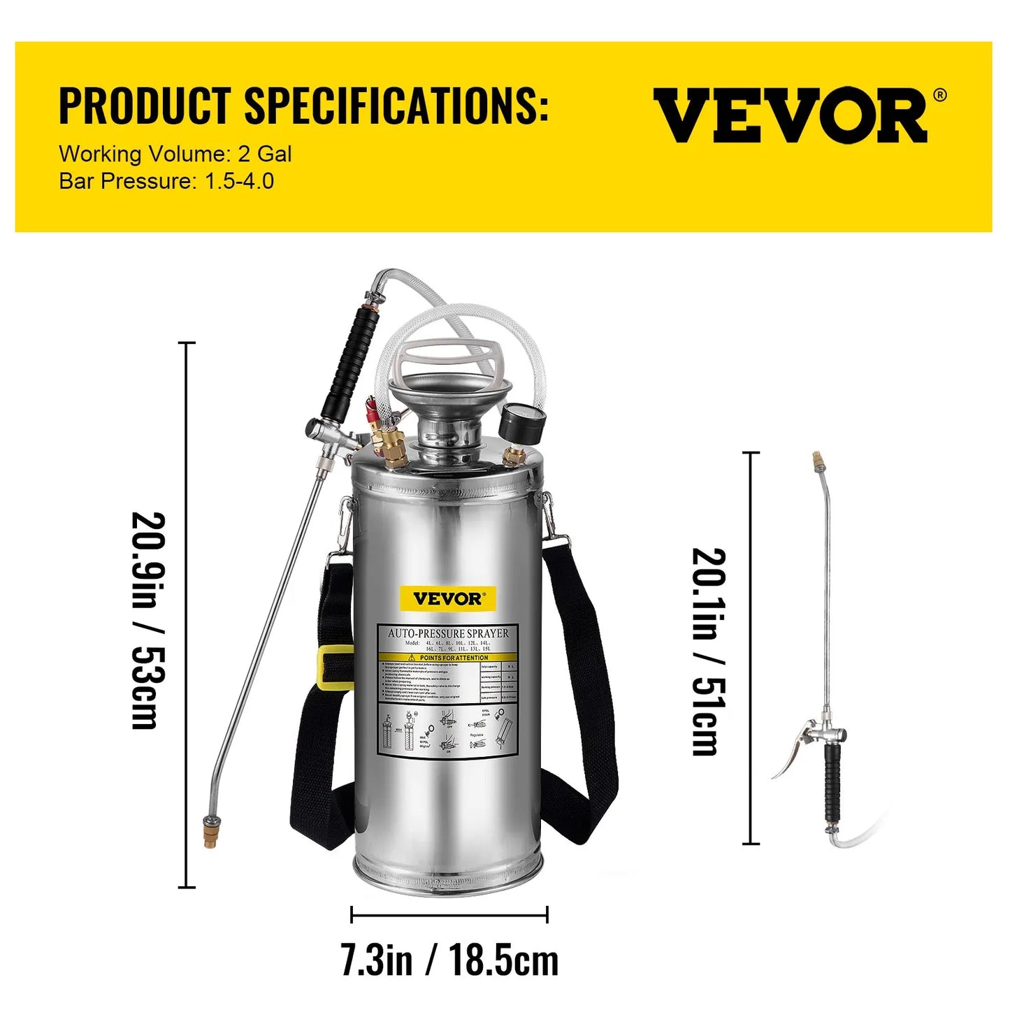 VEVOR 2Gal Stainless Steel Sprayer Hand Pump Sprayer with Pressure Gauge&Safety Valve