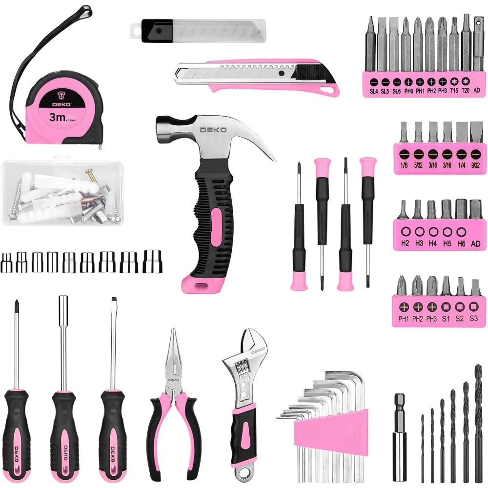 Drill Set: Tool Set with 8V Pink Cordless Drill, Home Tool Kit with Drill, Hand Tool Kits for Women 126 Piece