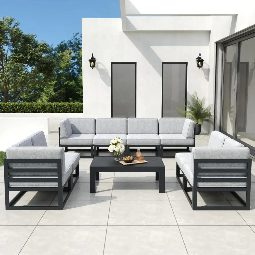Metal Outdoor Conversation Sofa Set with Seating Cushions, Garden Sofas, 9 Pieces Aluminum Patio Furniture Set