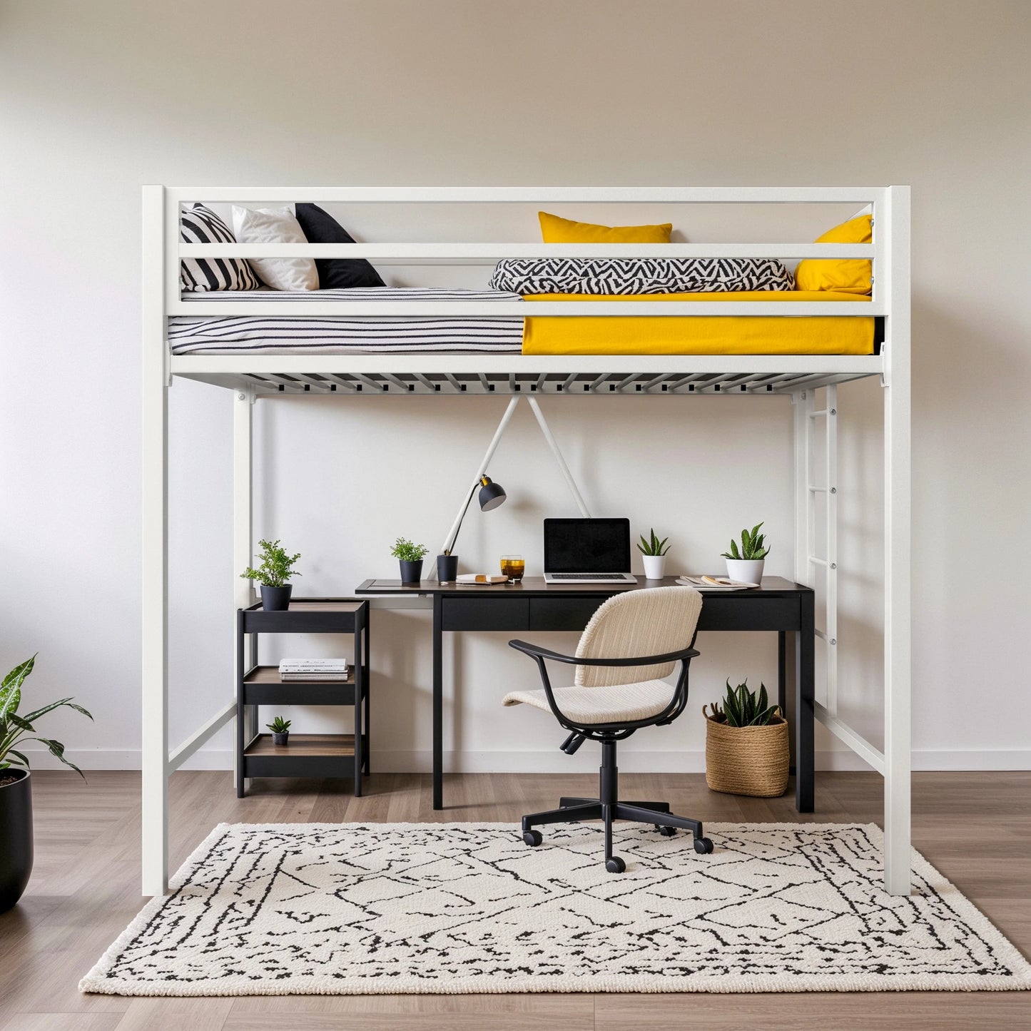 HOOMIC Modern Twin Size Metal Loft Bed Frame with Full-Length Guardrail