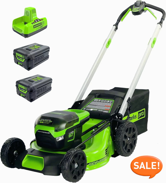60V 21”Cordless (Self-Propelled) Lawn Mower (LED Lights + Aluminum Handles) 2x4.0Ah Batteries and Dual Port Rapid Charger