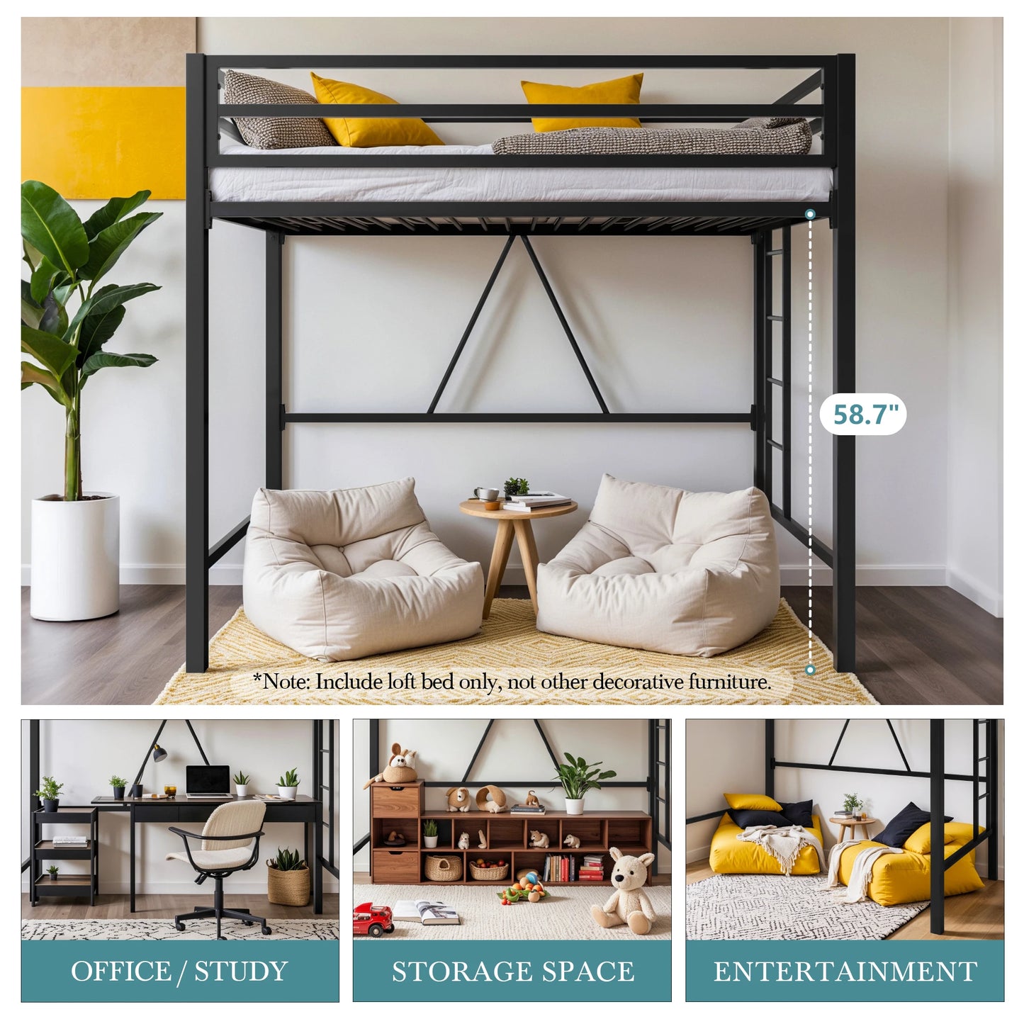 HOOMIC Modern Twin Size Metal Loft Bed Frame with Full-Length Guardrail