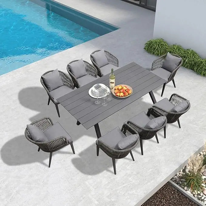 9 Pieces Patio Dining Set , for Garden Deck Teak-Finish Aluminum Frame Backyard Kitchen Set, Wicker Outdoor Furniture Table