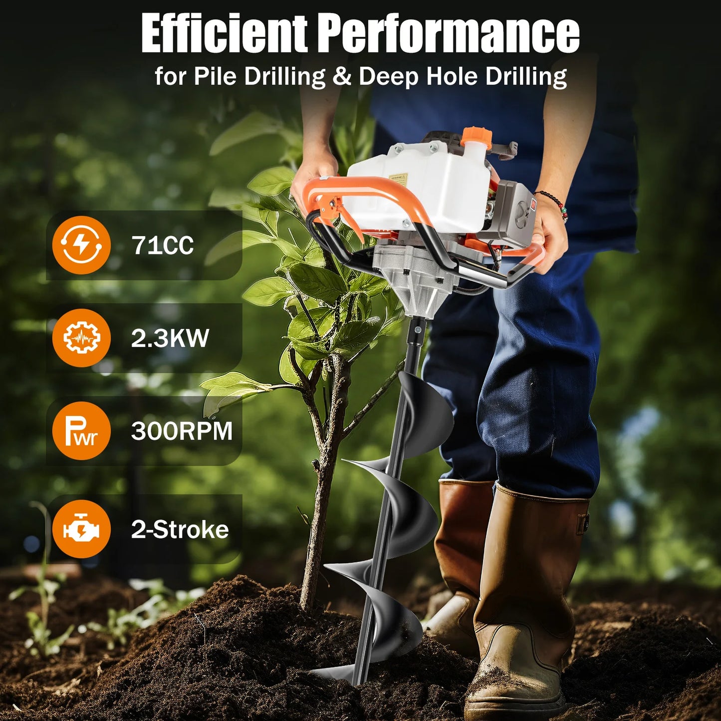 52CC 2.4HP 2-Stroke One-Man Gasoline Post Hole Digger with 3 Drill Bits for Efficient Soil Digging in Gardens & Farms