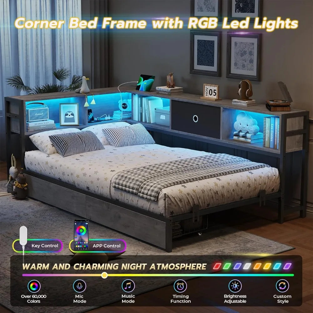 Corner Bed Frame with Bookcase Storage and Led Lights Twin Size Metal Platform Bed Frame with Storage Drawers and Charging
