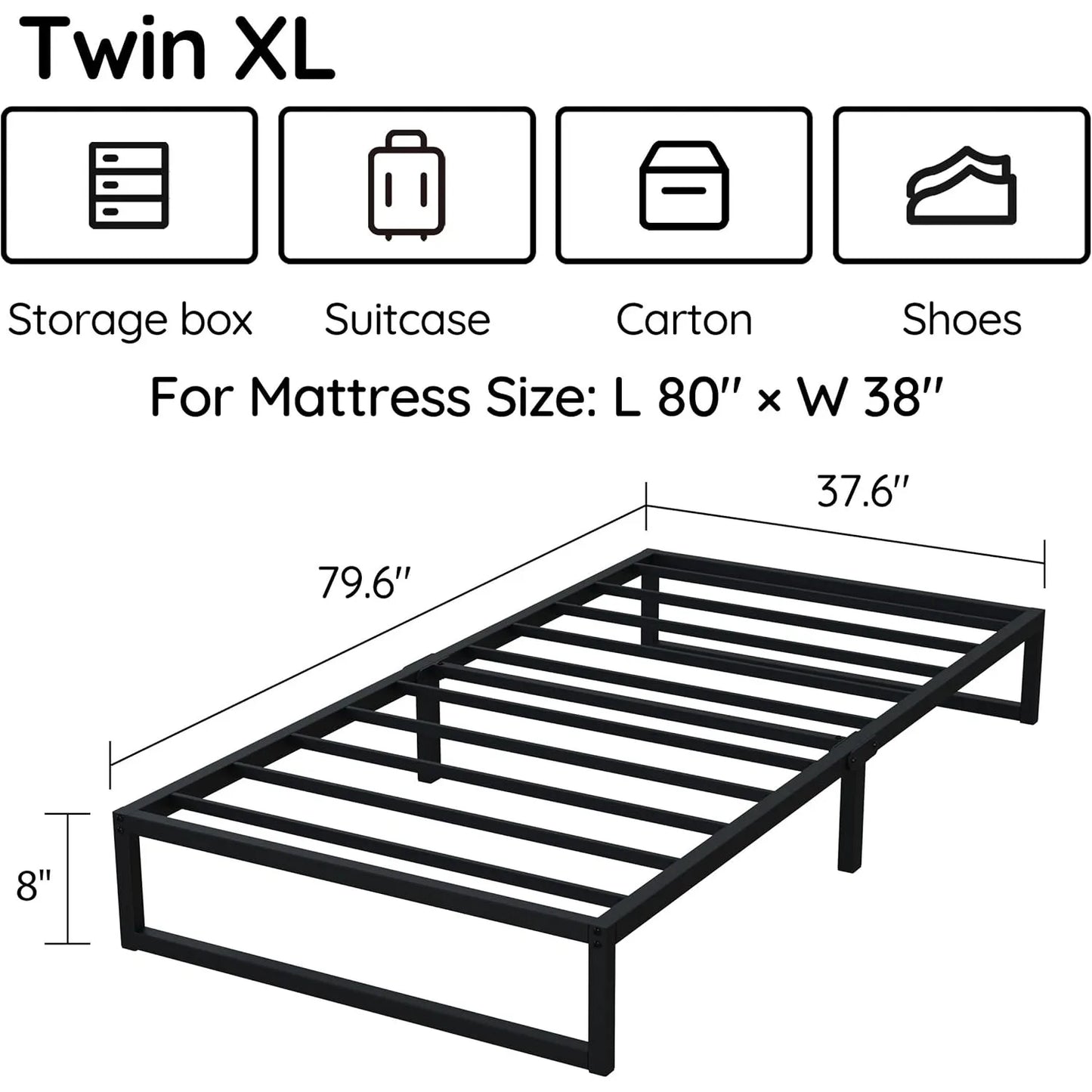 8 Inch Twin XL Bed Frames, Mattress Foundation with Steel Slat Support