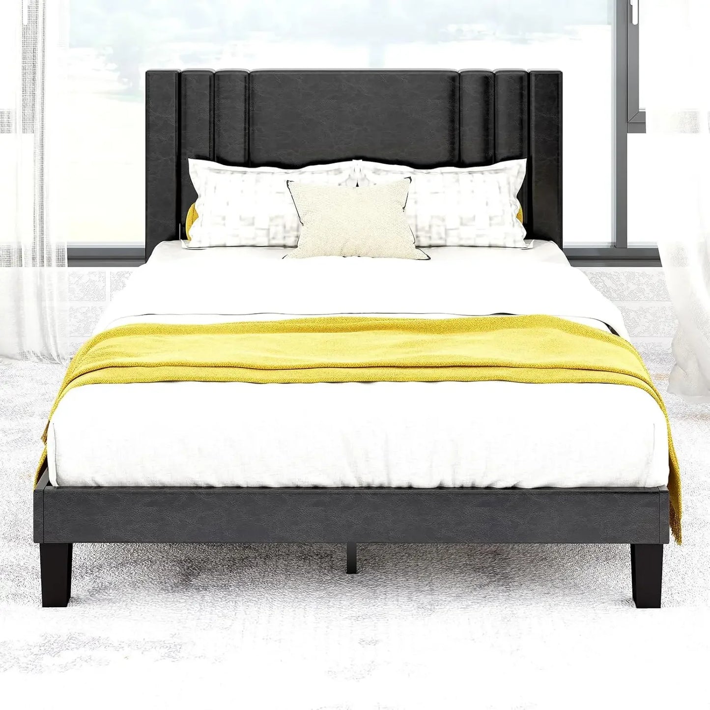Queen Size Bed Frame, Faux Leather Upholstered Platform with Headboard