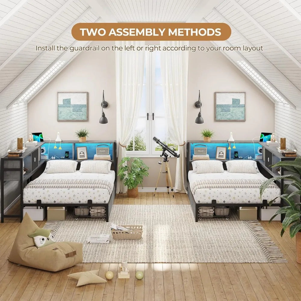 Corner Bed Frame with Bookcase Storage and Led Lights Twin Size Metal Platform Bed Frame with Storage Drawers and Charging