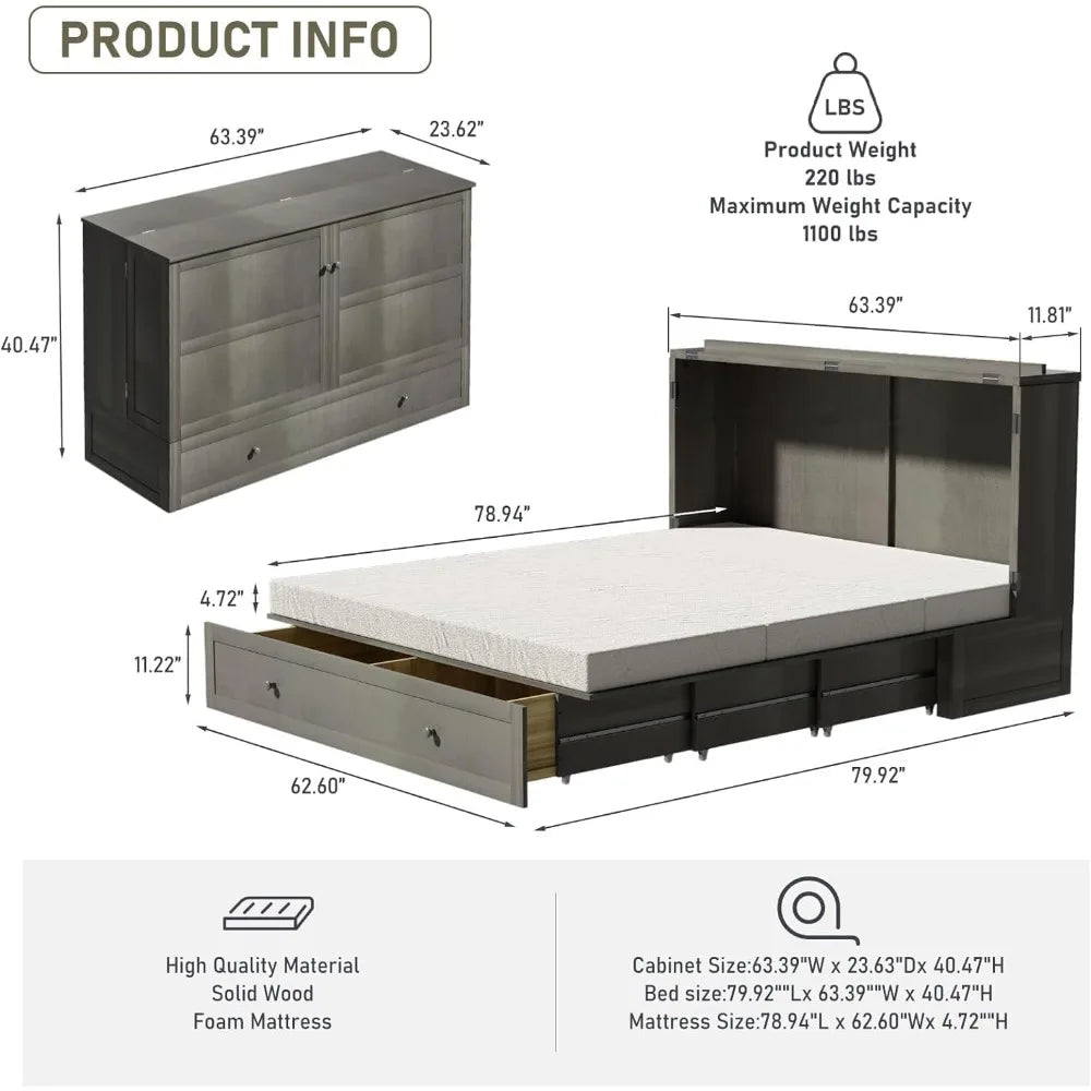 Murphy Bed Queen with Mattress Included Farmhouse Murphy Bed Cabinet with Storage and Charging Station