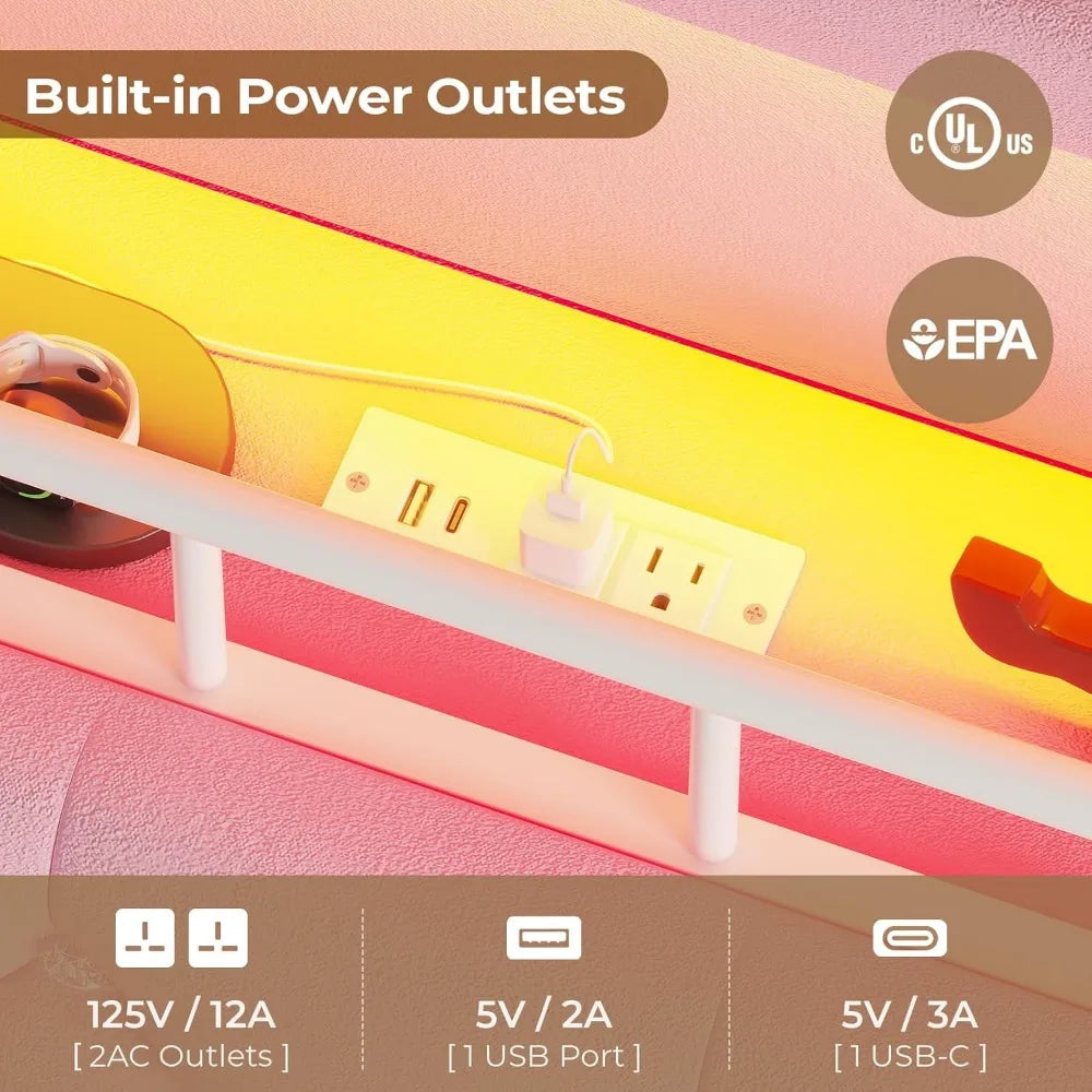 Queen Bed Frame with LED Lights, Princess Velvet Upholstered Platform Bed for Girls