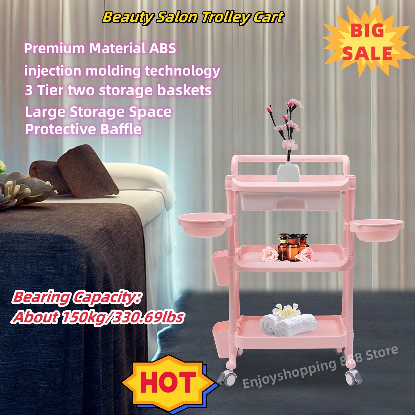 3 Tier Beauty Salon Trolley Cart Utility With Dirt Buckets