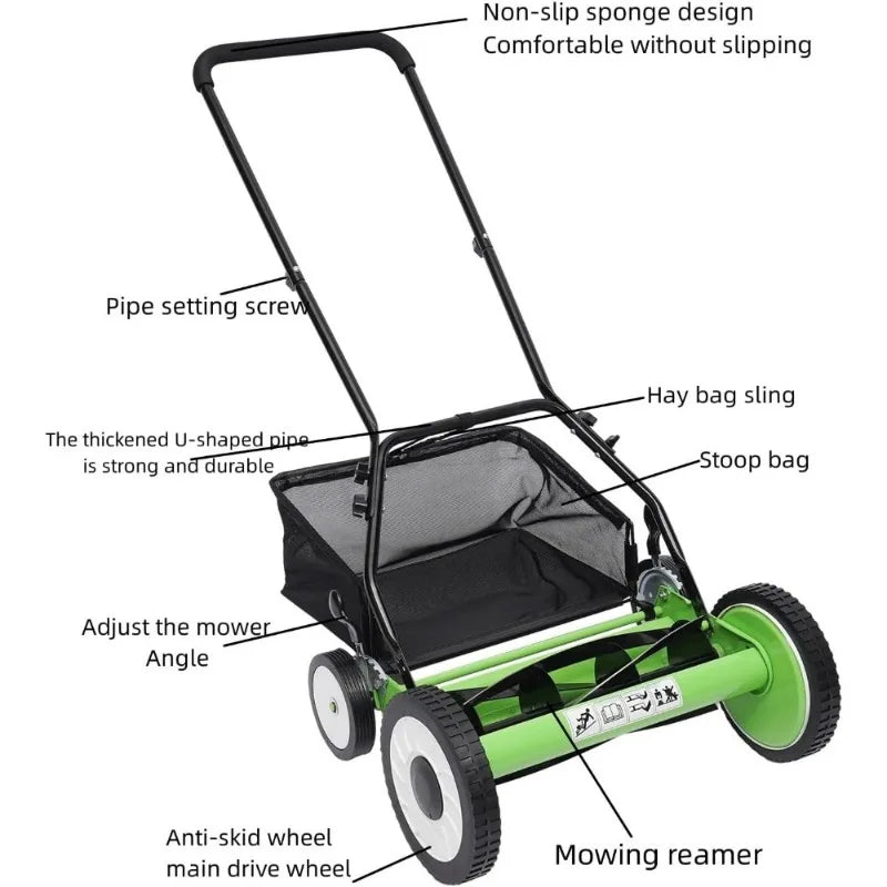 20Inch Reel Mower with 5-Blades Manual Lawn Mower Hand Push